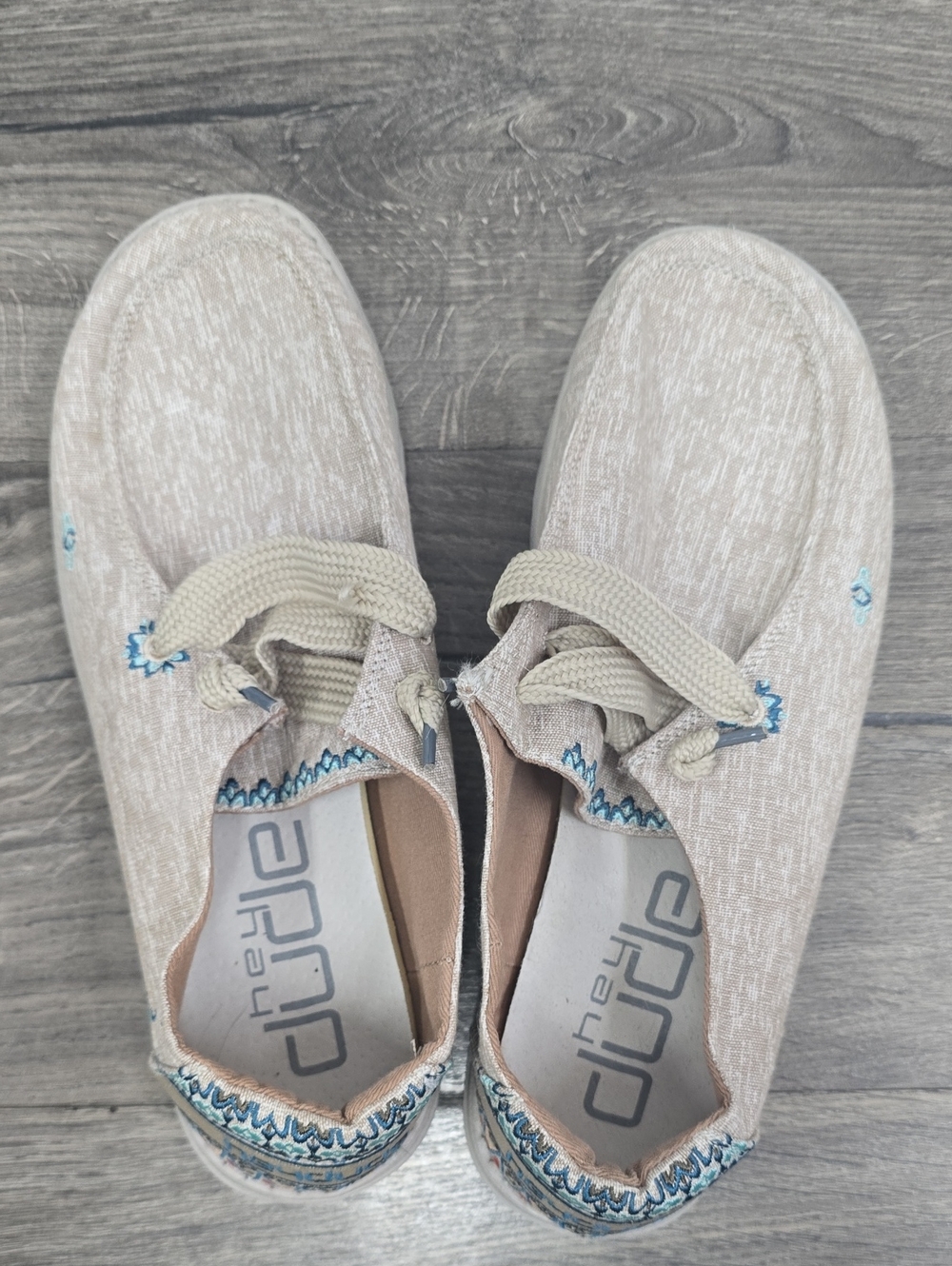 Hey Dude Beige Canvas Slip-Ons with Light Blue Stitching